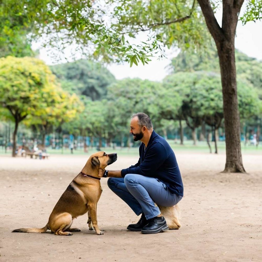 Homme accroupi dans un parc caressant un grand chien de type dogue
