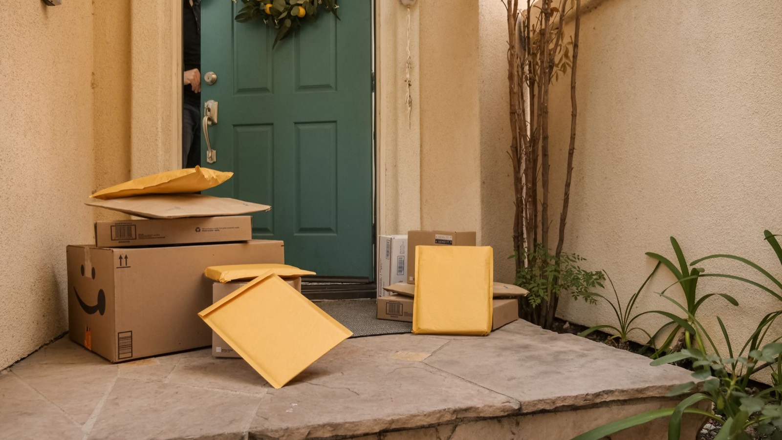 Carton de livraison posé devant une porte d'entrée